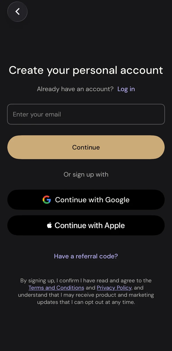 이더파이 Personal 가입 화면과 Have a referral code 메뉴